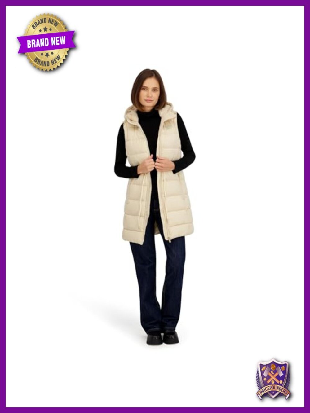 Reebok Long Puffer Vest With Hood Quilted Sleeveless Zip Pockets